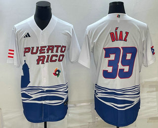 Men%27s Puerto Rico Baseball #39 Edwin Diaz 2023 White World Baseball Classic Stitched Jerseys